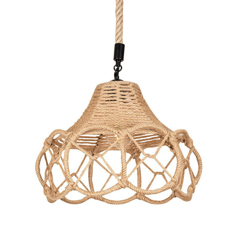 Brown Single-Bulb Pendant Light Fixture Lodge Hemp Rope Hand-Knit Floral Hanging Ceiling Light Clearhalo 'Ceiling Lights' 'Industrial Pendants' 'Industrial' 'Middle Century Pendants' 'Pendant Lights' 'Pendants' 'Tiffany' Lighting' 1911874