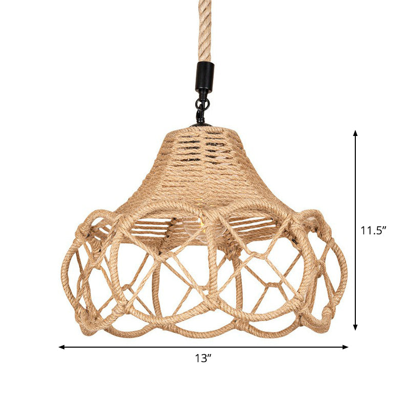 Brown Single-Bulb Pendant Light Fixture Lodge Hemp Rope Hand-Knit Floral Hanging Ceiling Light Clearhalo 'Ceiling Lights' 'Industrial Pendants' 'Industrial' 'Middle Century Pendants' 'Pendant Lights' 'Pendants' 'Tiffany' Lighting' 1911876