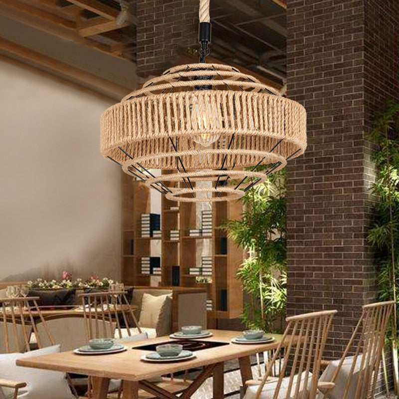 Farmhouse Gyro Shaped Drop Pendant 1-Light Natural Rope Hanging Light Fixture in Brown Brown Clearhalo 'Ceiling Lights' 'Industrial Pendants' 'Industrial' 'Middle Century Pendants' 'Pendant Lights' 'Pendants' 'Tiffany' Lighting' 1911877