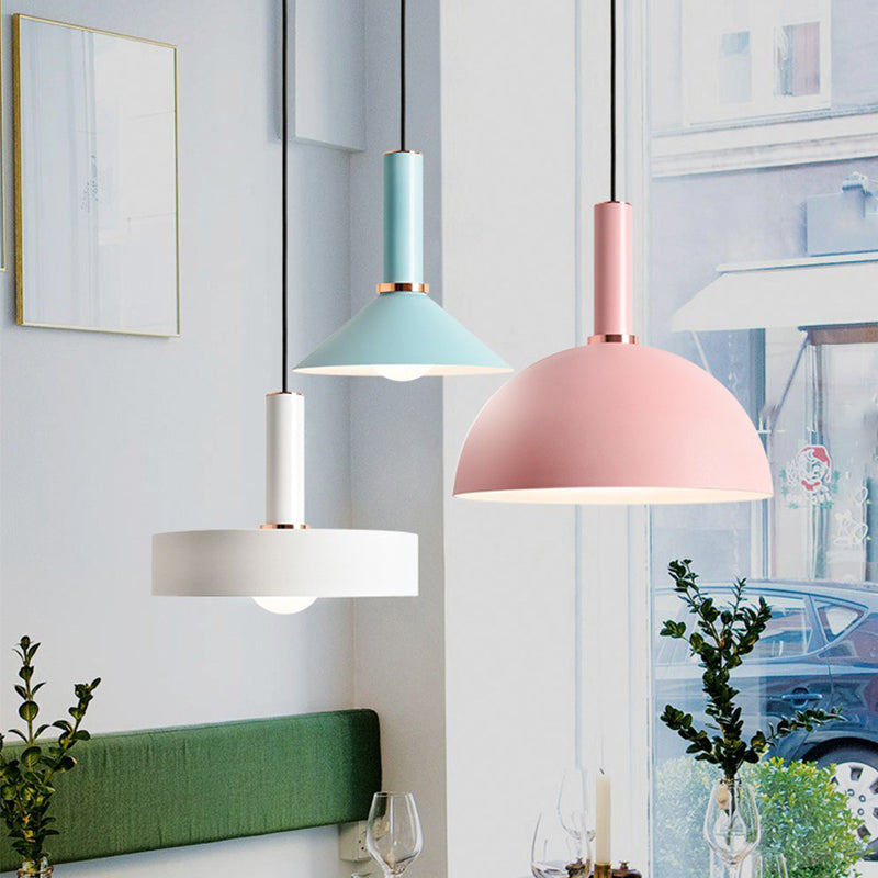 Aluminum Dome/Cone Drop Pendant Macaron 1-Light Pink/Blue Pendulum Light with Grip for Restaurant Clearhalo 'Ceiling Lights' 'Pendant Lights' 'Pendants' Lighting' 1911976