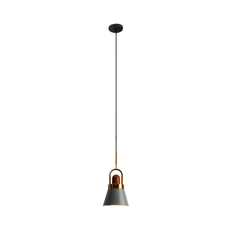 Tapered Shade Bedside Hanging Lamp Metal Single Macaron Pendant Light in Grey/White/Pink with Handle and Wood Cork Clearhalo 'Ceiling Lights' 'Pendant Lights' 'Pendants' Lighting' 1912031