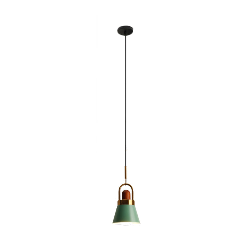 Tapered Shade Bedside Hanging Lamp Metal Single Macaron Pendant Light in Grey/White/Pink with Handle and Wood Cork Clearhalo 'Ceiling Lights' 'Pendant Lights' 'Pendants' Lighting' 1912035