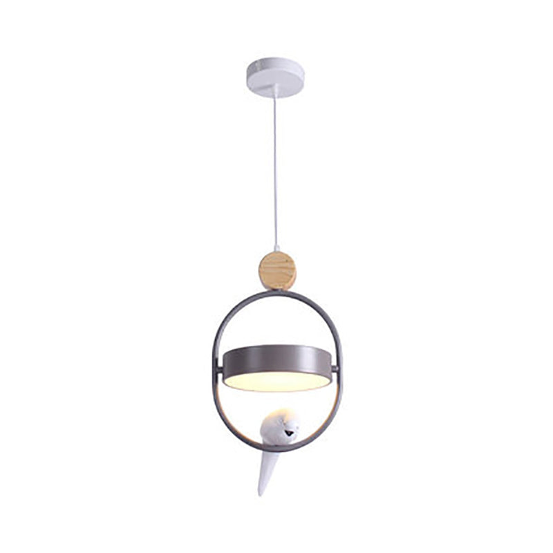 Nordic Style Ellipse Hanging Lamp Metal Single Bedside Down Lighting with Bird Decor and Round Shade in White/Grey/Green Clearhalo 'Ceiling Lights' 'Pendant Lights' 'Pendants' Lighting' 1912046