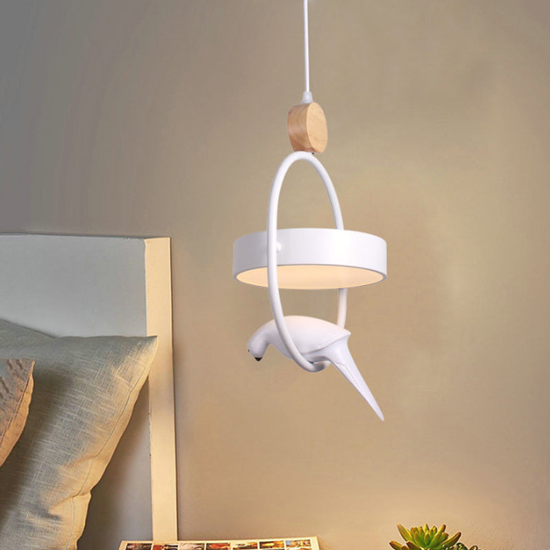 Nordic Style Ellipse Hanging Lamp Metal Single Bedside Down Lighting with Bird Decor and Round Shade in White/Grey/Green Clearhalo 'Ceiling Lights' 'Pendant Lights' 'Pendants' Lighting' 1912049