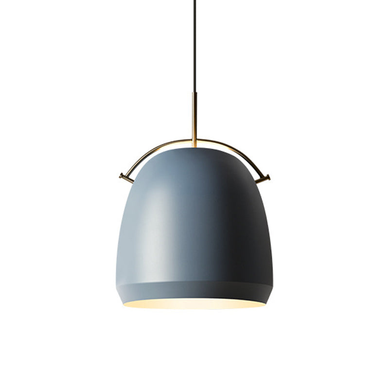 Aluminum Dome/Bell Drop Lamp Macaron 1 Bulb Hanging Pendant Light in Yellow/Pink/Blue with Curved Handle Clearhalo 'Ceiling Lights' 'Pendant Lights' 'Pendants' Lighting' 1912119