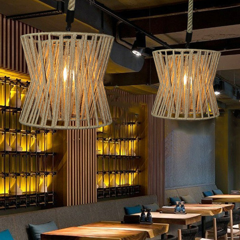 Roped Hourglass-Shape Drop Pendant Farmhouse 1 Bulb Restaurant Ceiling Hang Light in Brown Clearhalo 'Ceiling Lights' 'Industrial Pendants' 'Industrial' 'Middle Century Pendants' 'Pendant Lights' 'Pendants' 'Tiffany' Lighting' 1912314