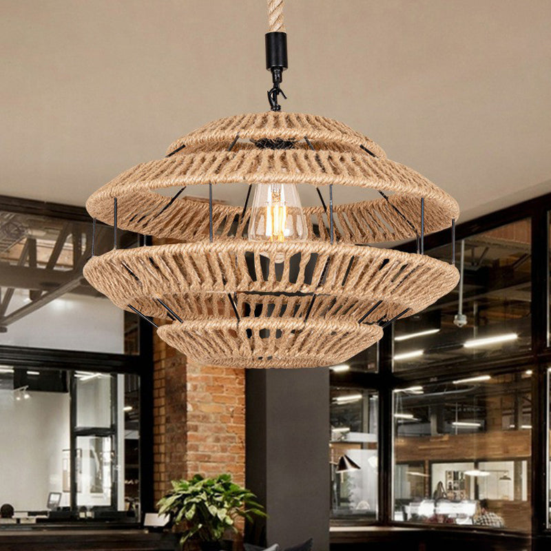 Hemp Roped Brown Ceiling Light Basket 1-Light Rustic Suspension Pendant for Dining Room Brown Clearhalo 'Ceiling Lights' 'Industrial Pendants' 'Industrial' 'Middle Century Pendants' 'Pendant Lights' 'Pendants' 'Tiffany' Lighting' 1912327