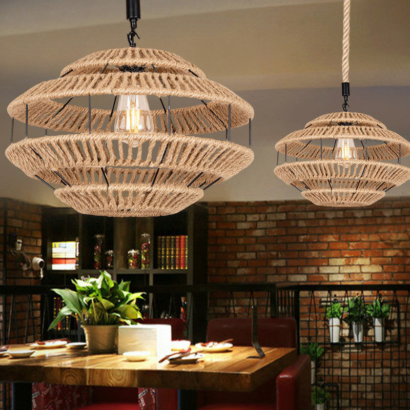 Hemp Roped Brown Ceiling Light Basket 1-Light Rustic Suspension Pendant for Dining Room Clearhalo 'Ceiling Lights' 'Industrial Pendants' 'Industrial' 'Middle Century Pendants' 'Pendant Lights' 'Pendants' 'Tiffany' Lighting' 1912328