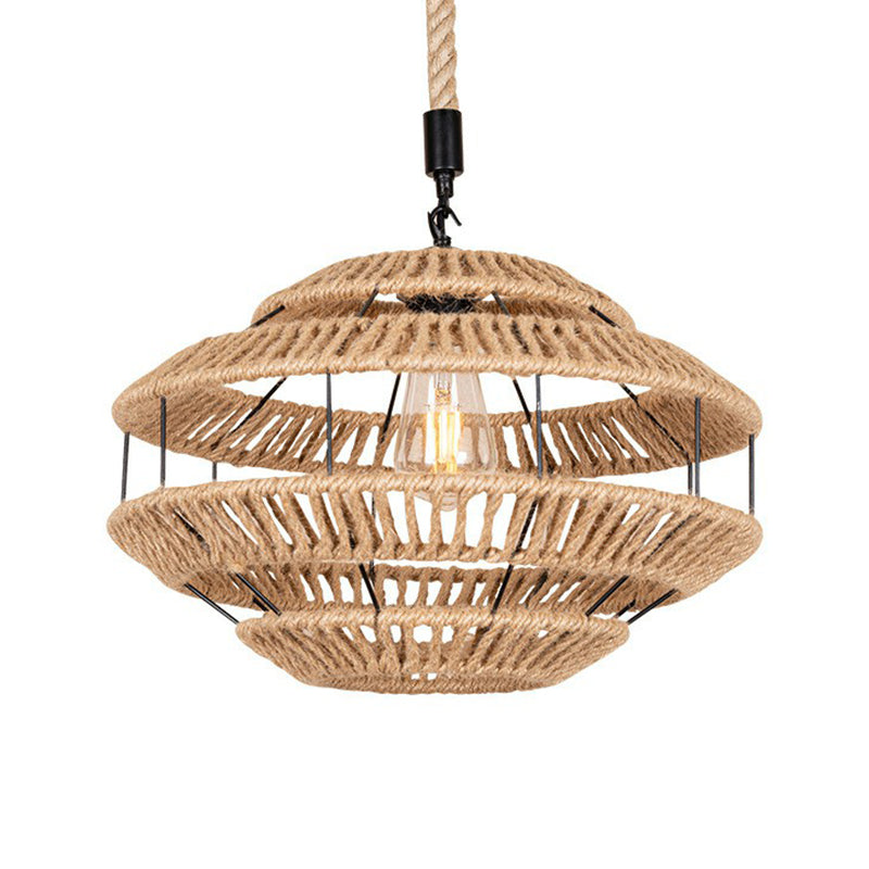 Hemp Roped Brown Ceiling Light Basket 1-Light Rustic Suspension Pendant for Dining Room Clearhalo 'Ceiling Lights' 'Industrial Pendants' 'Industrial' 'Middle Century Pendants' 'Pendant Lights' 'Pendants' 'Tiffany' Lighting' 1912329