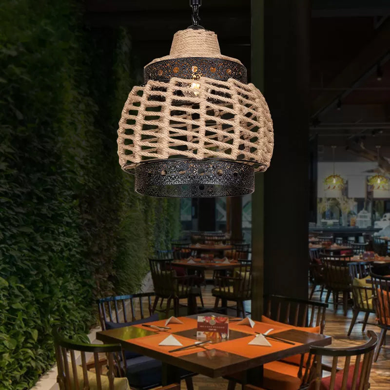 1-Light Hollowed out Ceiling Hanging Lantern Brown Hand-Wrapped Rope Pendant Lighting Fixture Brown Clearhalo 'Ceiling Lights' 'Industrial Pendants' 'Industrial' 'Middle Century Pendants' 'Pendant Lights' 'Pendants' 'Tiffany' Lighting' 1912343