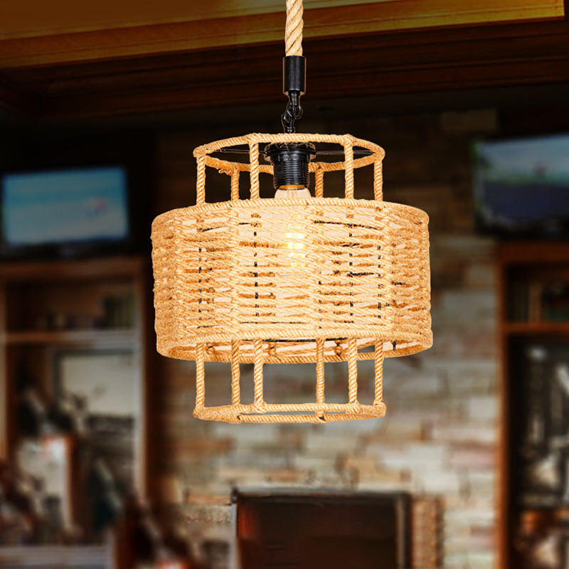 2-Layered Cylinder Rope Pendant Lamp Farmhouse 1 Head Living Room Ceiling Hang Light in Brown Brown Clearhalo 'Ceiling Lights' 'Industrial Pendants' 'Industrial' 'Middle Century Pendants' 'Pendant Lights' 'Pendants' 'Tiffany' Lighting' 1912354