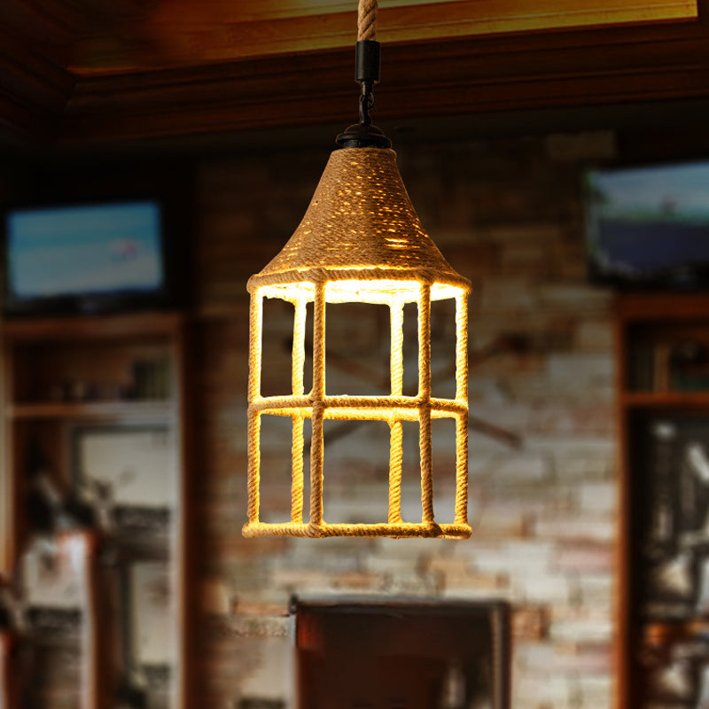 Booth Shaped Dining Room Pendulum Light Rustic Rope 1-Light Brown Suspended Lighting Fixture Brown Clearhalo 'Ceiling Lights' 'Industrial Pendants' 'Industrial' 'Middle Century Pendants' 'Pendant Lights' 'Pendants' 'Tiffany' Lighting' 1912364