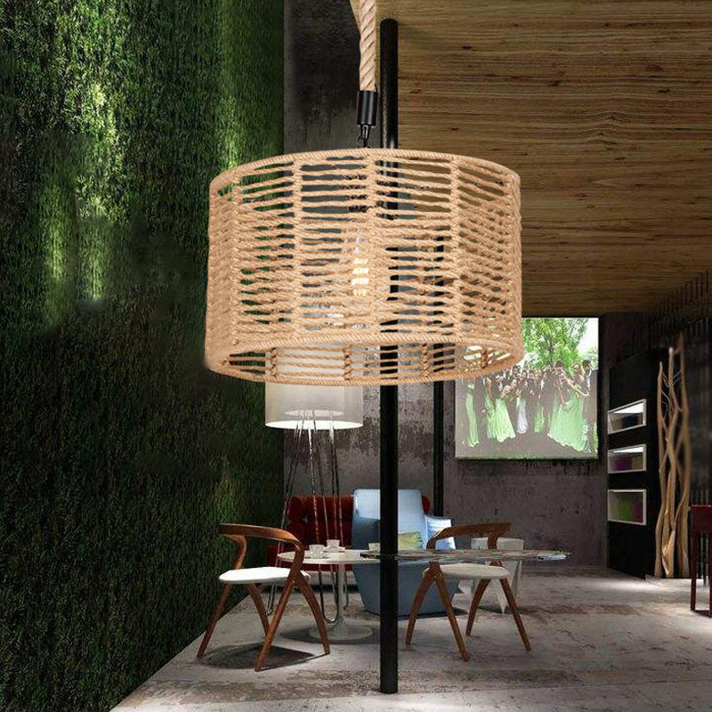 Natural Rope Drum Pendant Lighting Rustic 1 Bulb Restaurant Ceiling Lamp in Brown Brown Clearhalo 'Ceiling Lights' 'Industrial Pendants' 'Industrial' 'Middle Century Pendants' 'Pendant Lights' 'Pendants' 'Tiffany' Lighting' 1912374