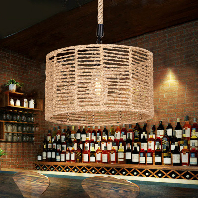 Natural Rope Drum Pendant Lighting Rustic 1 Bulb Restaurant Ceiling Lamp in Brown Clearhalo 'Ceiling Lights' 'Industrial Pendants' 'Industrial' 'Middle Century Pendants' 'Pendant Lights' 'Pendants' 'Tiffany' Lighting' 1912375