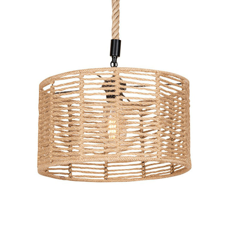 Natural Rope Drum Pendant Lighting Rustic 1 Bulb Restaurant Ceiling Lamp in Brown Clearhalo 'Ceiling Lights' 'Industrial Pendants' 'Industrial' 'Middle Century Pendants' 'Pendant Lights' 'Pendants' 'Tiffany' Lighting' 1912376