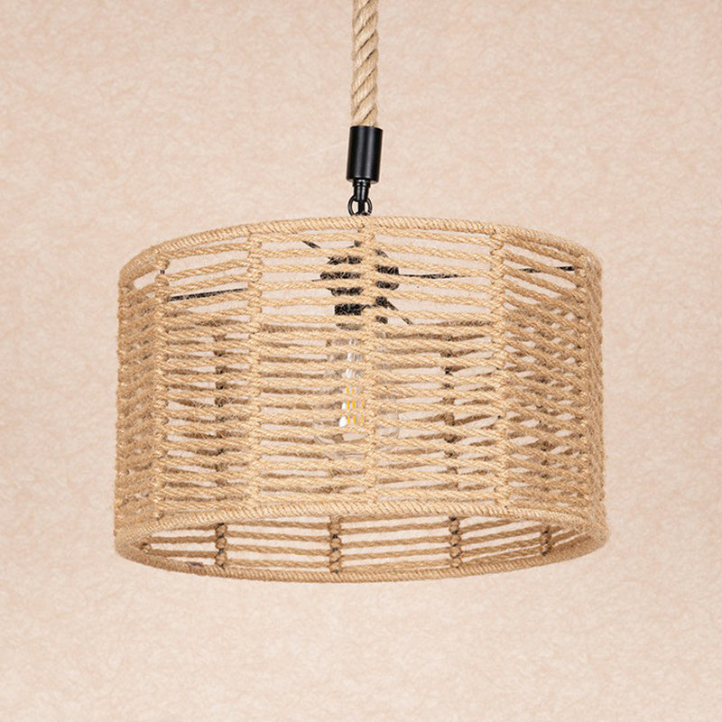 Natural Rope Drum Pendant Lighting Rustic 1 Bulb Restaurant Ceiling Lamp in Brown Clearhalo 'Ceiling Lights' 'Industrial Pendants' 'Industrial' 'Middle Century Pendants' 'Pendant Lights' 'Pendants' 'Tiffany' Lighting' 1912377