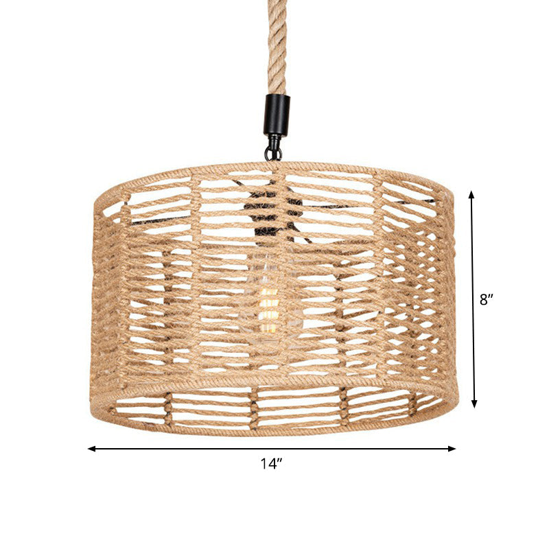 Natural Rope Drum Pendant Lighting Rustic 1 Bulb Restaurant Ceiling Lamp in Brown Clearhalo 'Ceiling Lights' 'Industrial Pendants' 'Industrial' 'Middle Century Pendants' 'Pendant Lights' 'Pendants' 'Tiffany' Lighting' 1912378