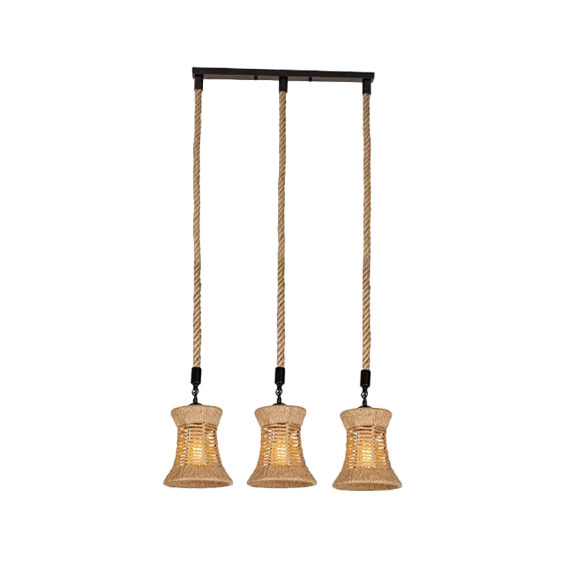 Brown Flared Shade Multi-Light Pendant Rural Rope 3 Bulbs Dining Room Ceiling Hang Lamp Clearhalo 'Ceiling Lights' 'Industrial Pendants' 'Industrial' 'Middle Century Pendants' 'Pendant Lights' 'Pendants' 'Tiffany' Lighting' 1912400