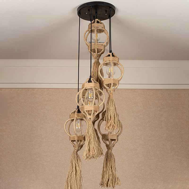 Hand-Made Lantern Kitchen Ceiling Light Farmhouse Hemp Rope 3/6-Head Brown Cluster Pendant with Round/Linear Canopy Clearhalo 'Ceiling Lights' 'Industrial Pendants' 'Industrial' 'Middle Century Pendants' 'Pendant Lights' 'Pendants' 'Tiffany' Lighting' 1912408