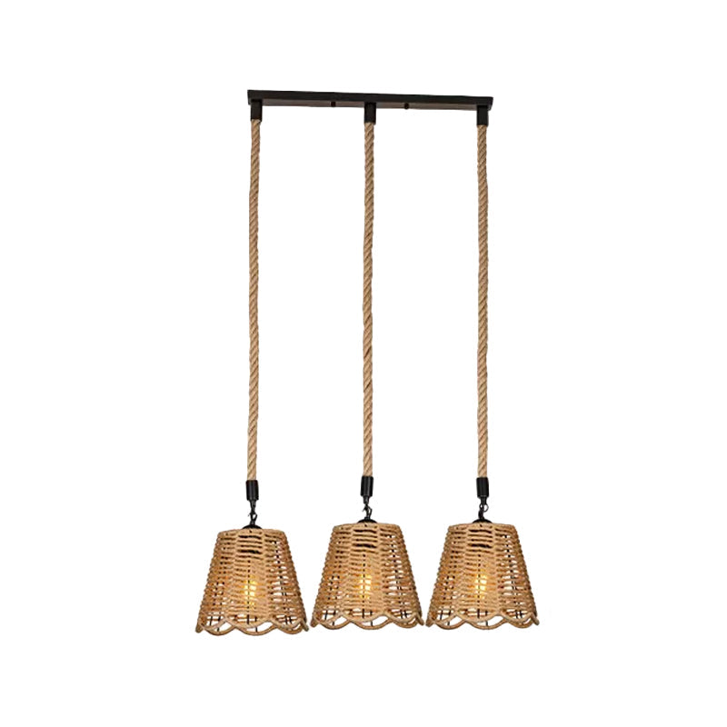 Rope Brown Pendant Lighting Scalloped-Trimmed Tapered 3/6-Head Rustic Multi Light Ceiling Light with Round/Linear Canopy Clearhalo 'Ceiling Lights' 'Industrial Pendants' 'Industrial' 'Middle Century Pendants' 'Pendant Lights' 'Pendants' 'Tiffany' Lighting' 1912477