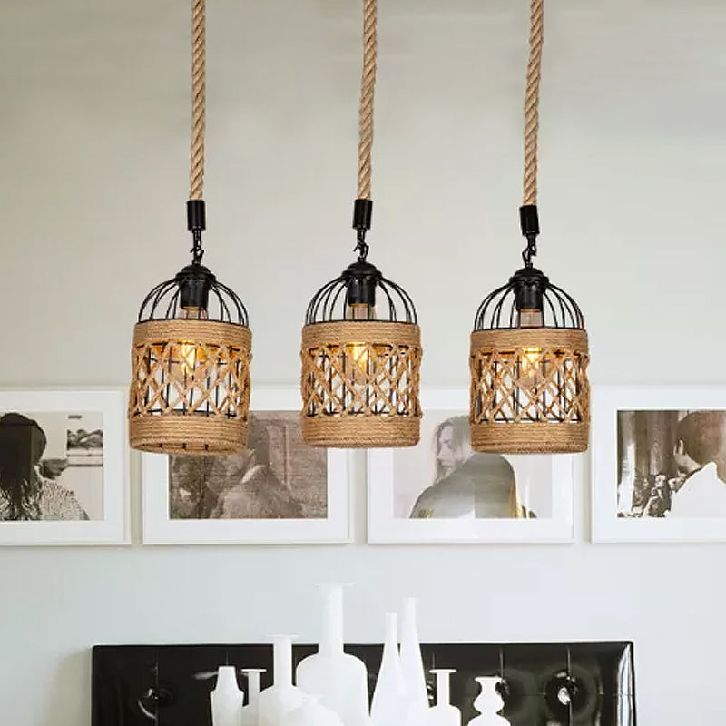 3/6 Heads Cluster Pendant Light Lodge Birdcage Criss-Cross Woven Rope Hanging Light Kit in Brown, Round/Linear Canopy Clearhalo 'Ceiling Lights' 'Industrial Pendants' 'Industrial' 'Middle Century Pendants' 'Pendant Lights' 'Pendants' 'Tiffany' Lighting' 1912485