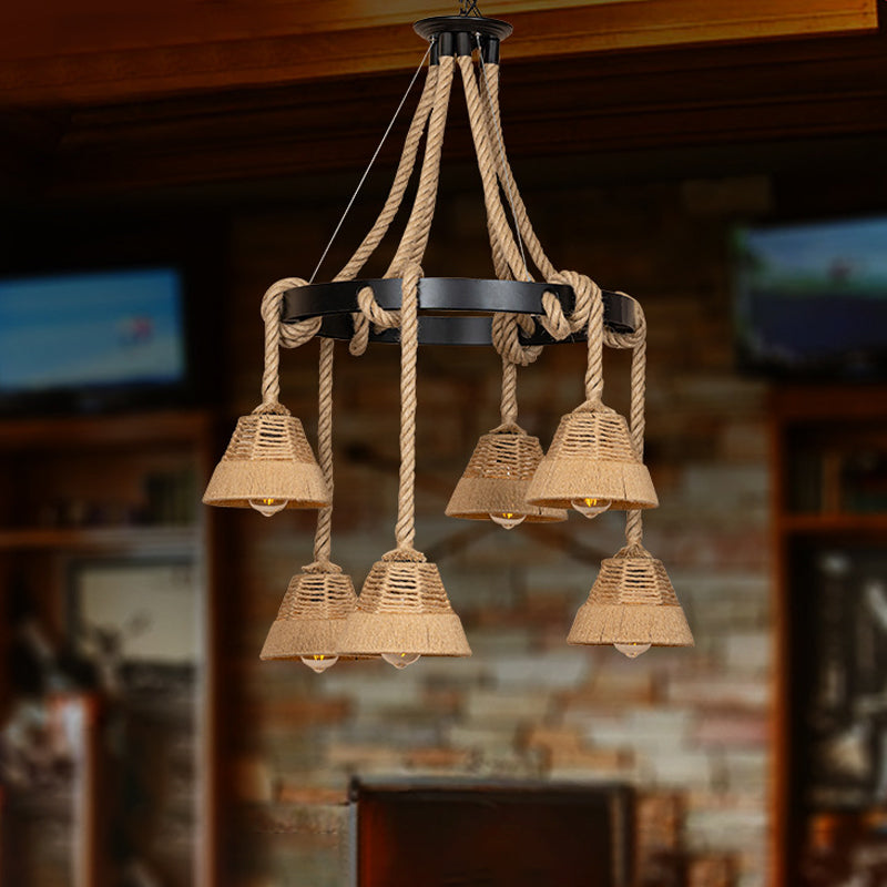 6 Lights Carillon Ceiling Chandelier Cottage Brown Roped Hanging Pendant for Restaurant Brown Clearhalo 'Ceiling Lights' 'Chandeliers' 'Industrial Chandeliers' 'Industrial' 'Middle Century Chandeliers' 'Tiffany' Lighting' 1912493