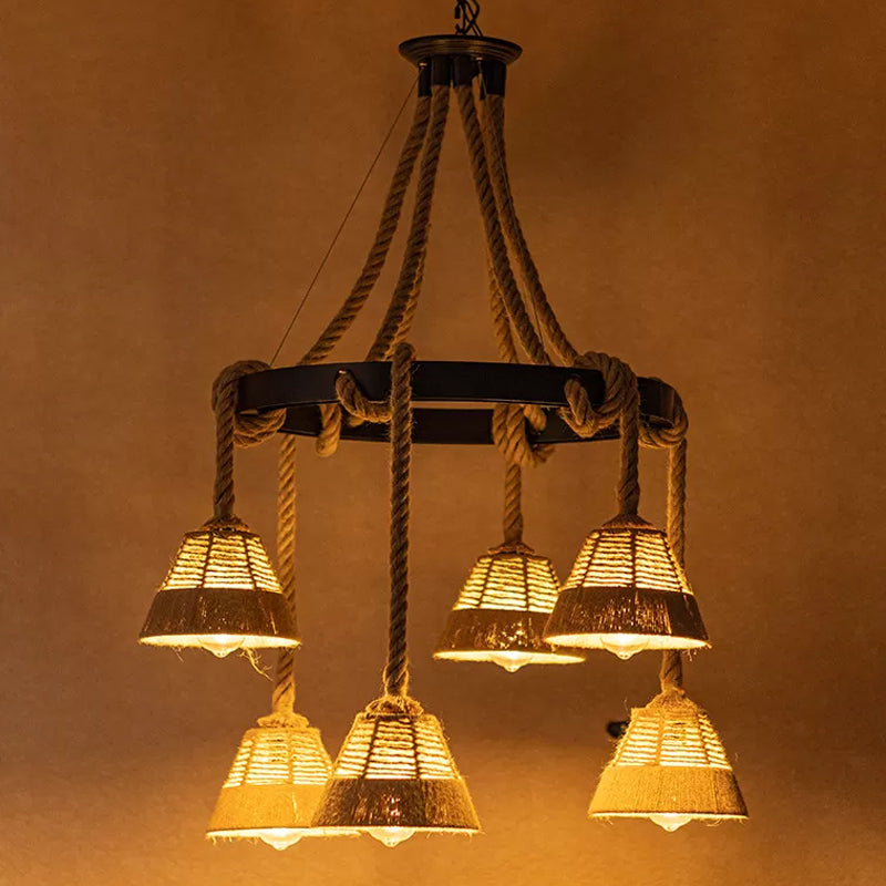 6 Lights Carillon Ceiling Chandelier Cottage Brown Roped Hanging Pendant for Restaurant Clearhalo 'Ceiling Lights' 'Chandeliers' 'Industrial Chandeliers' 'Industrial' 'Middle Century Chandeliers' 'Tiffany' Lighting' 1912495