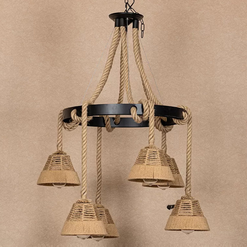 6 Lights Carillon Ceiling Chandelier Cottage Brown Roped Hanging Pendant for Restaurant Clearhalo 'Ceiling Lights' 'Chandeliers' 'Industrial Chandeliers' 'Industrial' 'Middle Century Chandeliers' 'Tiffany' Lighting' 1912496