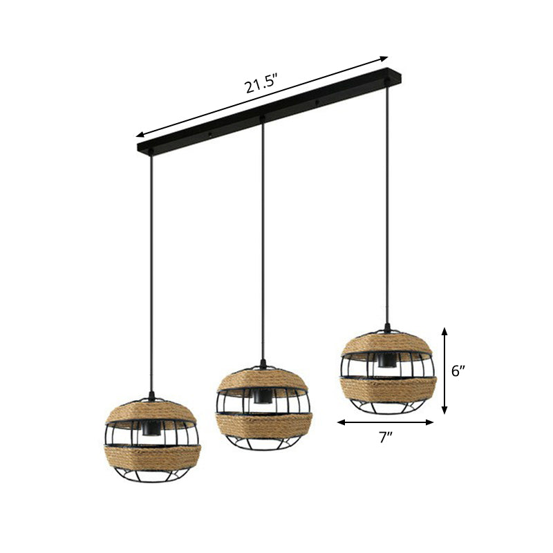 Spherical Jute Rope Multi-Pendant Countryside 3-Light Open Kitchen Ceiling Suspension Lamp in Brown, Round/Linear Canopy Clearhalo 'Ceiling Lights' 'Industrial Pendants' 'Industrial' 'Middle Century Pendants' 'Pendant Lights' 'Pendants' 'Tiffany' Lighting' 1912555