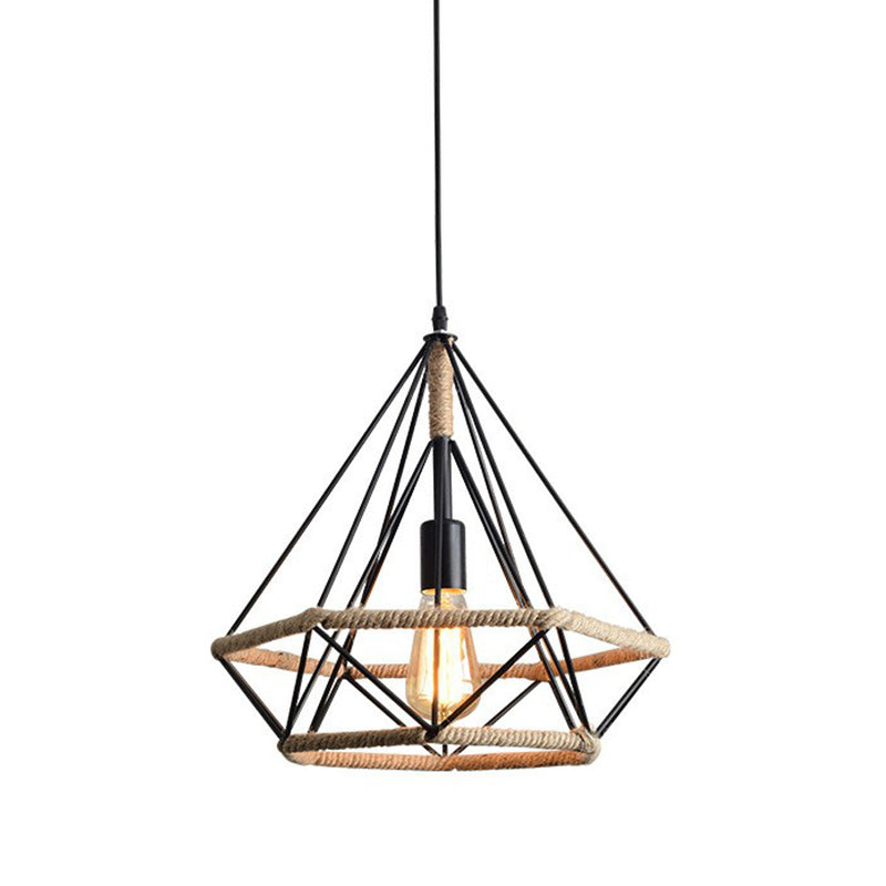 Single-Bulb Drop Pendant Industrial Bistro Hanging Lamp with Diamond Roped Cage in Black, 10