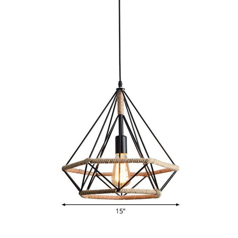 Single-Bulb Drop Pendant Industrial Bistro Hanging Lamp with Diamond Roped Cage in Black, 10