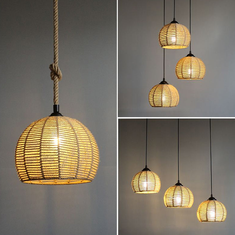 Black/Brown 1-Light Pendant Lamp Rural Hemp Rope Half-Globe Ceiling Hang Light over Dining Table, 10