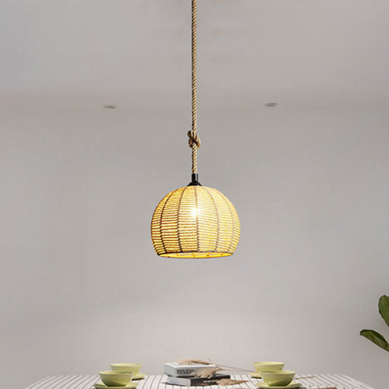 Black/Brown 1-Light Pendant Lamp Rural Hemp Rope Half-Globe Ceiling Hang Light over Dining Table, 10