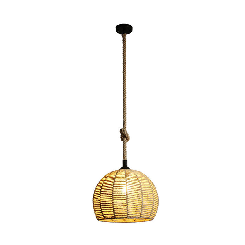 Black/Brown 1-Light Pendant Lamp Rural Hemp Rope Half-Globe Ceiling Hang Light over Dining Table, 10