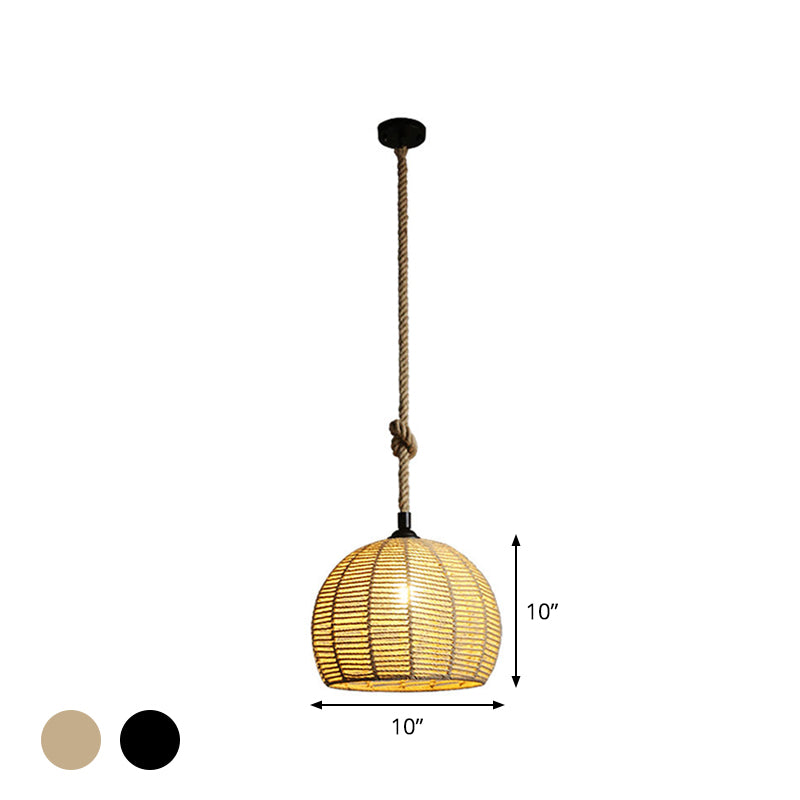 Black/Brown 1-Light Pendant Lamp Rural Hemp Rope Half-Globe Ceiling Hang Light over Dining Table, 10