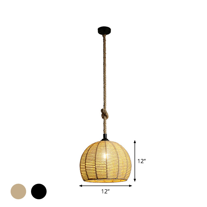 Black/Brown 1-Light Pendant Lamp Rural Hemp Rope Half-Globe Ceiling Hang Light over Dining Table, 10