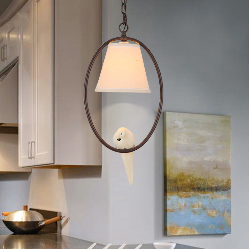 Metal Oval Hanging Light with Bird & Shade 1 Head Rustic Pendant Light in Beige for Balcony Beige Clearhalo 'Ceiling Lights' 'Pendant Lights' 'Pendants' Lighting' 191603_4c22dcf4-0d59-4f17-8f71-69bfc42ad725