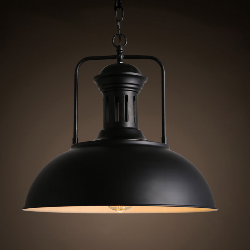 1-Bulb Bowl Drop Pendant Loft Style Black/Black-White Metallic Hanging Lamp with Arm and Vented Socket, 13