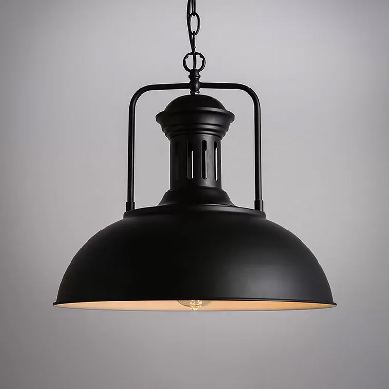 1-Bulb Bowl Drop Pendant Loft Style Black/Black-White Metallic Hanging Lamp with Arm and Vented Socket, 13