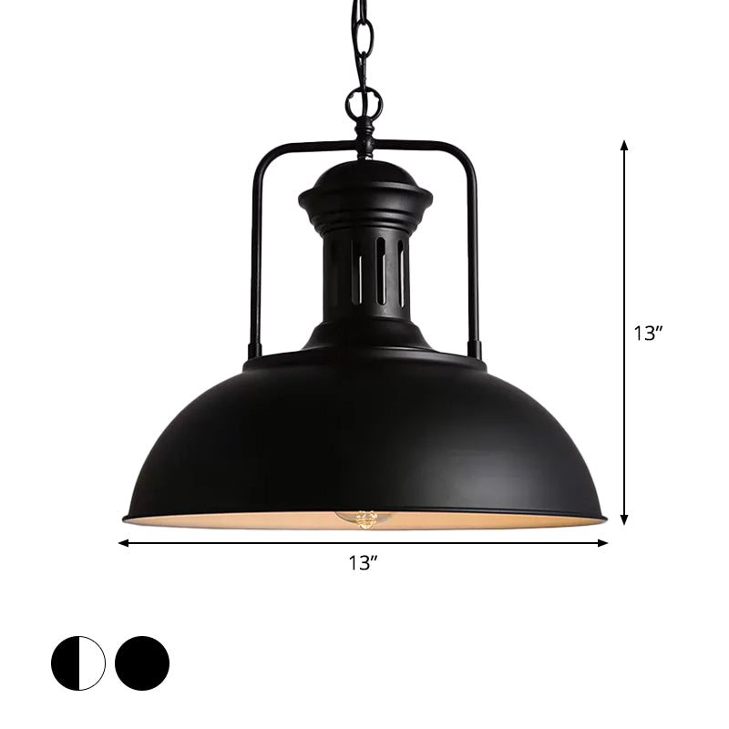 1-Bulb Bowl Drop Pendant Loft Style Black/Black-White Metallic Hanging Lamp with Arm and Vented Socket, 13