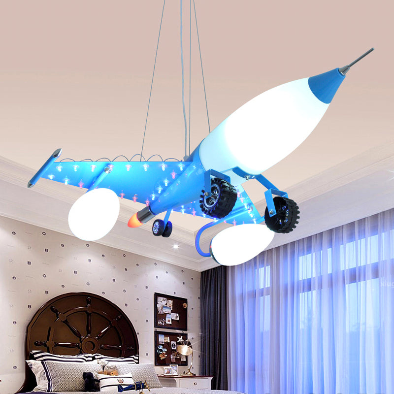 Blue Airplane Chandelier Light 4 Lights Opal Glass Kids Pendant Light for Boy Bedroom Clearhalo 'Ceiling Lights' 'Pendant Lights' 'Pendants' Lighting' 191669