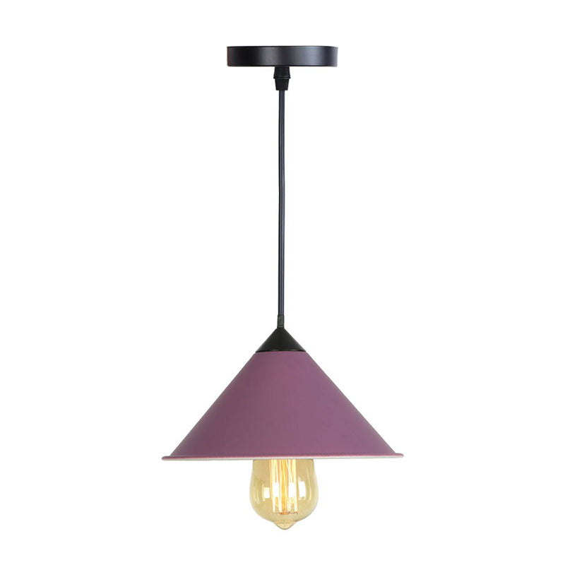 Conical Iron Drop Pendant Loft Style Single Dining Room Hanging Lamp with Rolled Edge in Pink/Blue/Grey Purple Clearhalo 'Art Deco Pendants' 'Black' 'Cast Iron' 'Ceiling Lights' 'Ceramic' 'Crystal' 'Industrial Pendants' 'Industrial' 'Metal' 'Middle Century Pendants' 'Pendant Lights' 'Pendants' 'Rustic Pendants' 'Tiffany' Lighting' 1916727