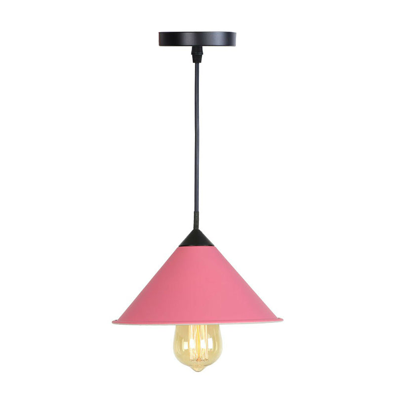 Conical Iron Drop Pendant Loft Style Single Dining Room Hanging Lamp with Rolled Edge in Pink/Blue/Grey Pink Clearhalo 'Art Deco Pendants' 'Black' 'Cast Iron' 'Ceiling Lights' 'Ceramic' 'Crystal' 'Industrial Pendants' 'Industrial' 'Metal' 'Middle Century Pendants' 'Pendant Lights' 'Pendants' 'Rustic Pendants' 'Tiffany' Lighting' 1916730