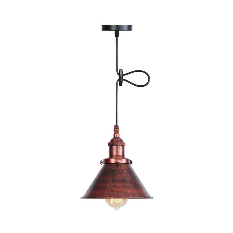 Rolled-Trim Cone Iron Pendant Light Industrial Single-Bulb Kitchen Bar Pendulum Light in Black/Copper/Rust with Cord Grip Rust Clearhalo 'Art Deco Pendants' 'Black' 'Cast Iron' 'Ceiling Lights' 'Ceramic' 'Crystal' 'Industrial Pendants' 'Industrial' 'Metal' 'Middle Century Pendants' 'Pendant Lights' 'Pendants' 'Rustic Pendants' 'Tiffany' Lighting' 1916754