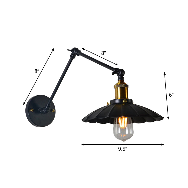 Loft Style Scalloped Wall Lamp 1 Head Iron Wall Mounted Light with Adjustable Arm in Black, 8