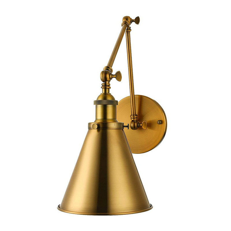 1 Head Cone Shade Wall Mount Light Industrial Brass Iron Swing Arm Reading Wall Lamp for Studio Brass Clearhalo 'Art deco wall lights' 'Cast Iron' 'Glass' 'Industrial wall lights' 'Industrial' 'Middle century wall lights' 'Modern' 'Rustic wall lights' 'Tiffany' 'Traditional wall lights' 'Wall Lamps & Sconces' 'Wall Lights' Lighting' 1917054