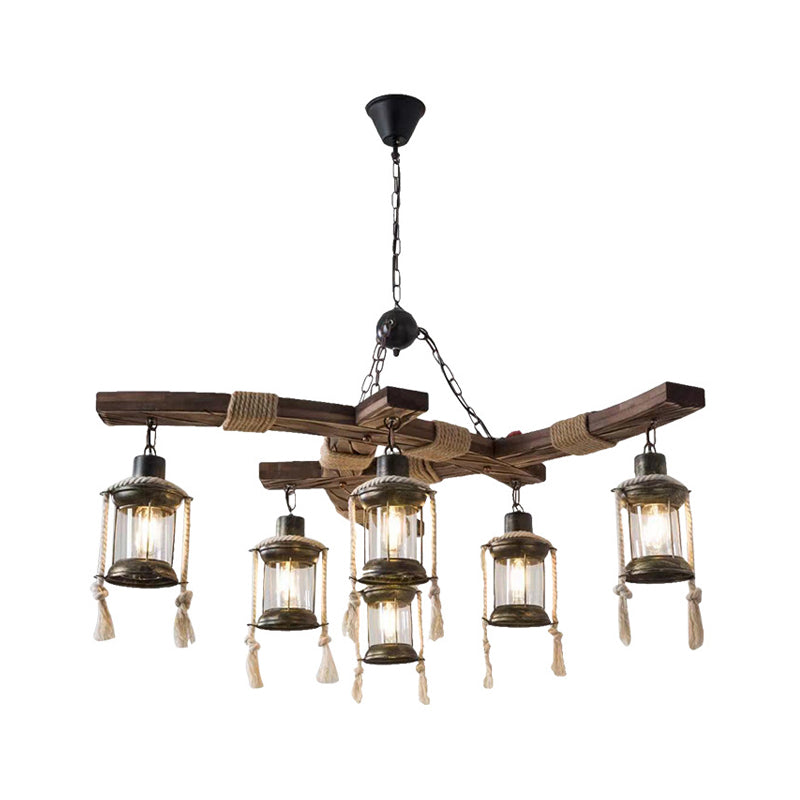 Wood Caged Hanging Chandelier Lodge 6-Bulb Dining Room Ceiling Pendant Light with Rope Detail in Black/Brown Black Clearhalo 'Carpenter Chandeliers' 'Ceiling Lights' 'Chandeliers' 'Industrial Chandeliers' 'Industrial' 'Middle Century Chandeliers' 'Modern' 'Tiffany' Lighting' 1917154