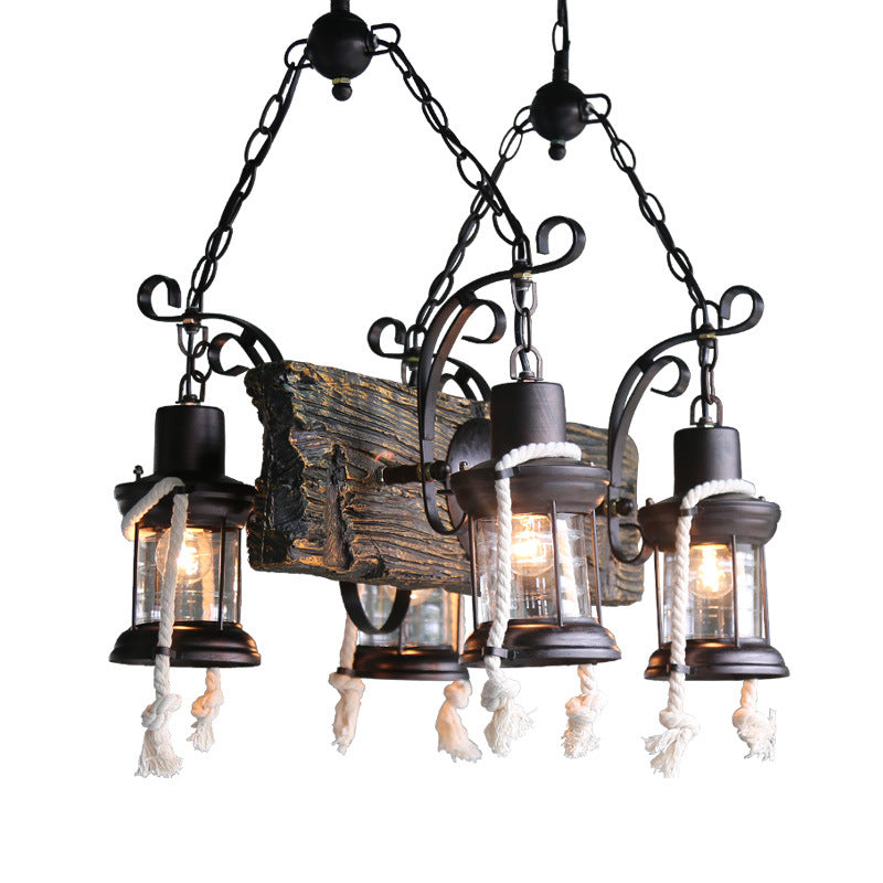 Wood Board Black Island Lamp Linear 4 Lights Nautical Suspension Lighting with Lantern and Hemp Rope Clearhalo 'Ceiling Lights' 'Island Lights' Lighting' 1917164