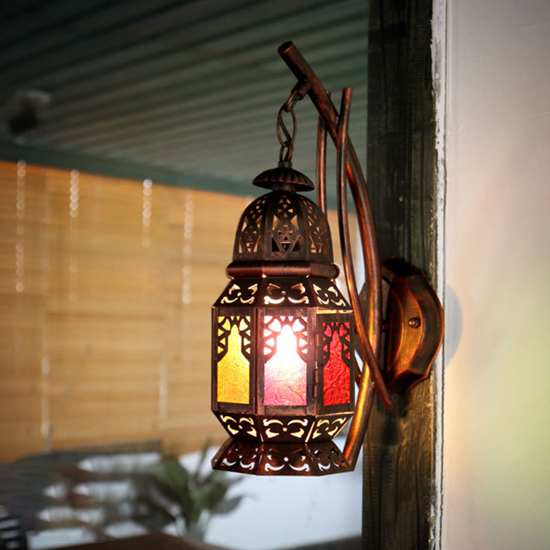 Moroccan Carved Lantern Wall Lamp 1 Bulb Stained Art Glass Wall Mounted Light Fixture in Copper Clearhalo 'Art deco wall lights' 'Cast Iron' 'Glass' 'Industrial wall lights' 'Industrial' 'Middle century wall lights' 'Modern' 'Rustic wall lights' 'Tiffany' 'Traditional wall lights' 'Wall Lamps & Sconces' 'Wall Lights' Lighting' 1917186