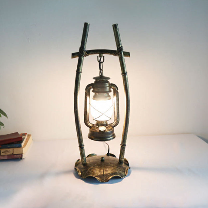 Antiqued Brass Single Night Lamp Farmhouse Opal Glass Kerosene Table Light with Frame and Ruffled Base Clearhalo 'Lamps' 'Table Lamps' Lighting' 1917201